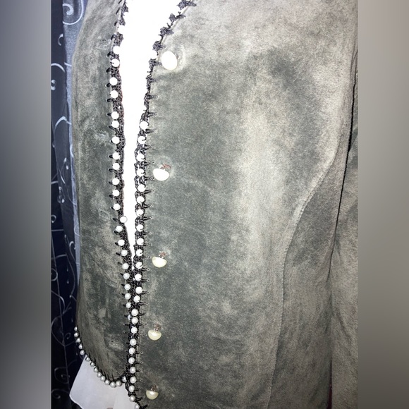 100% SUEDE SOPHIE CHANG Faux Pearl embellished lightweight jacket darkOlive Med - Picture 12 of 15